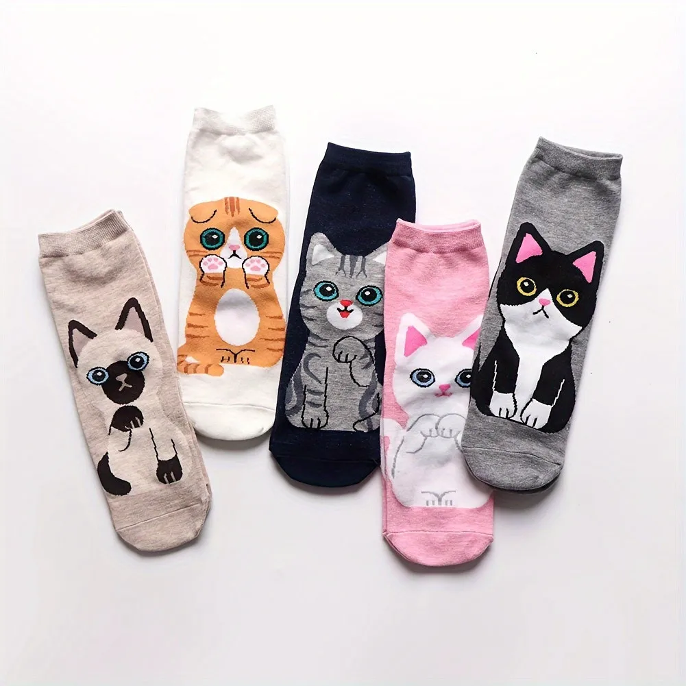 5 Paar Niedliche Cartoon-Katzen Knöchelsocken für Damen und Mädchen, Weiche Atmungsaktive Lässige Kurze Socken mit Tiermuster für den Alltag – Detail 1