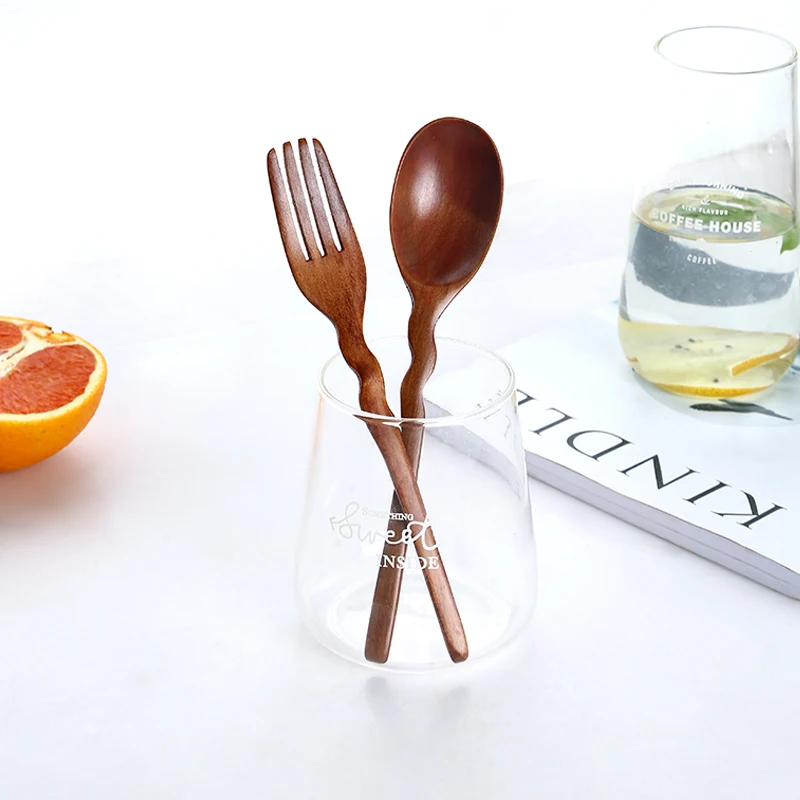 Creative Curve Fork Spoon Set Solid Wood Long Handle Spoon Household Dinner Fork Solid Wood Tableware