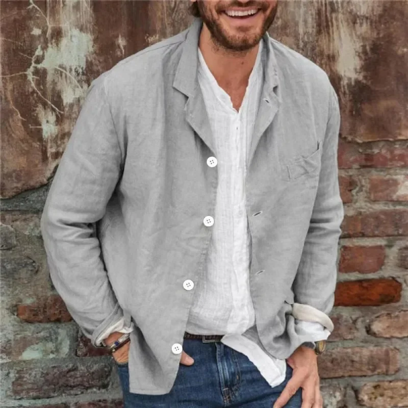 Men's Casual Long Sleeve Suit Jacket Shirt Spring Summer Thin Cotton Linen Solid Color Simple Lapel Button Cardigan Shirt Tops