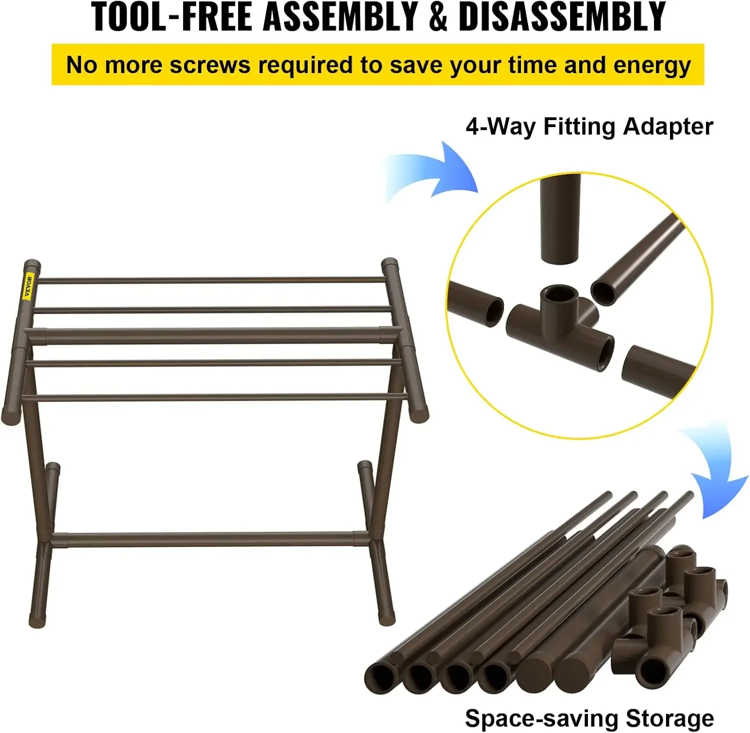 Pool Towel Rack, 5 Bar, Brown, Freestanding Outdoor PVC T-Shape Poolside Storage Organizer, Include 8 Towel Clips 6