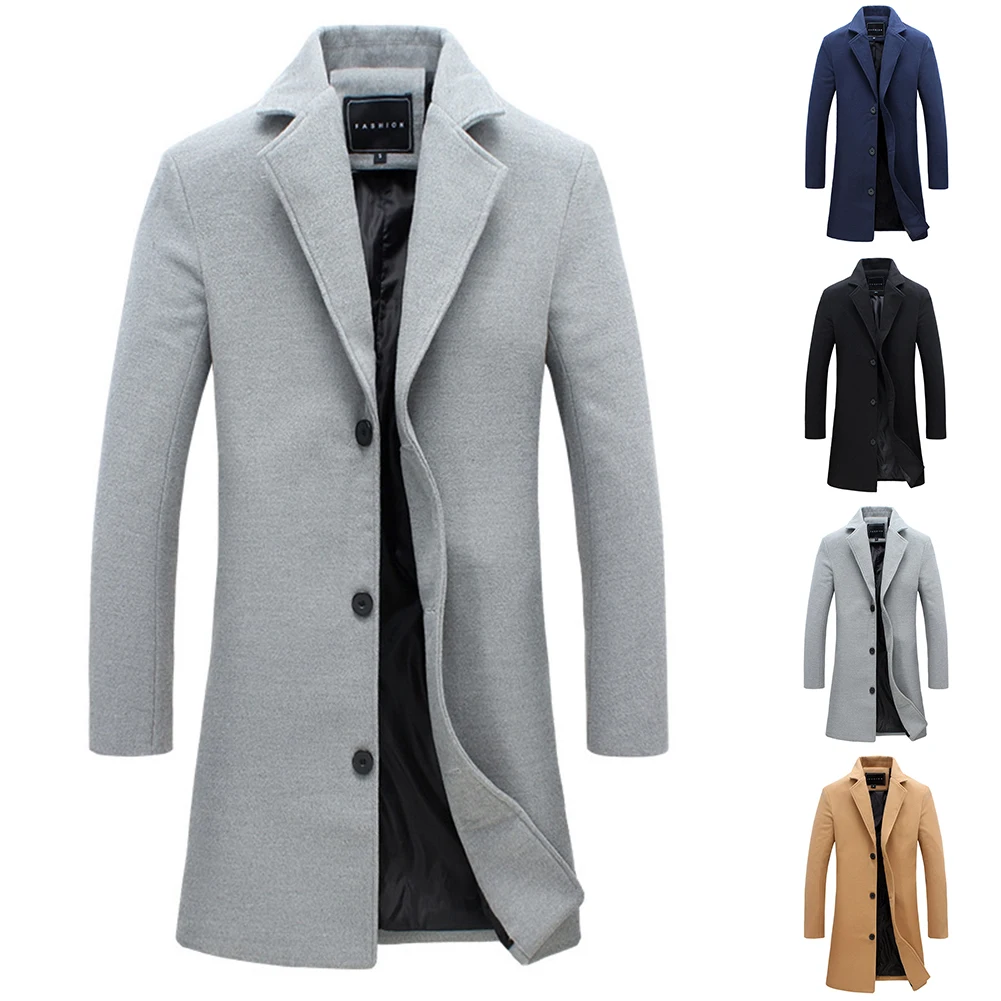 

Mens Autumn Winter Warm Trench Coat Slim Fit Outwear Overcoat Casual Long Sleeve Button Fomal Office Jacket Windbreaker