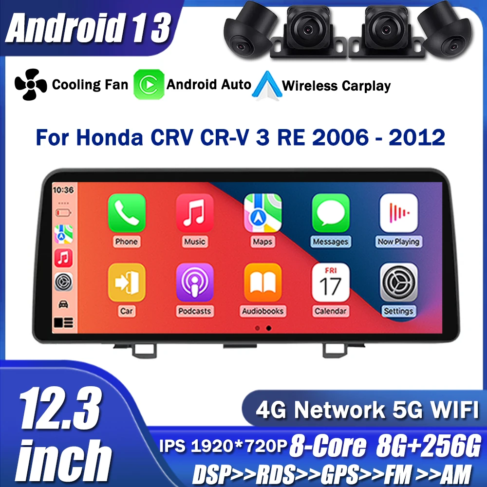 

12,3 дюймовый 1920*720 Android 13 для Honda CRV CR-V 3 RE 2006 - 2012 Автомобильная аудиосистема мультимедийный видеоплеер Радио GPS навигация Carplay