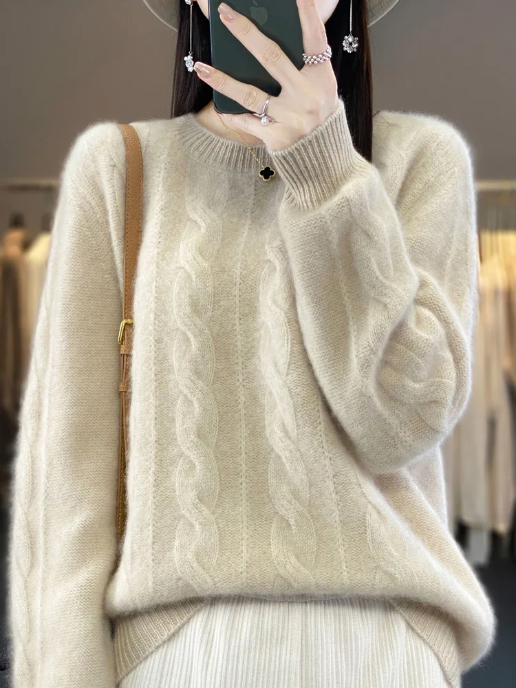 Women Winter Sweater 100% Merino Wool Thick Warm O-Neck Oversize Pullover Twist Long Sleeve Loose Cashmere Knitwear Casual Cloth
