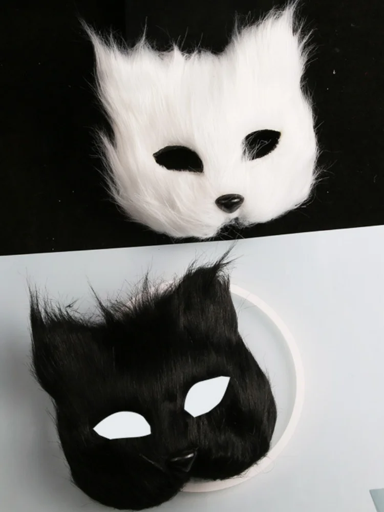 Plüsch Therian Maske Halloween Cosplays Kostüm Zubehör Dress up Sexy Katzen Maske Halbgesicht Kunstpelz Füchse Maske – Detail 12