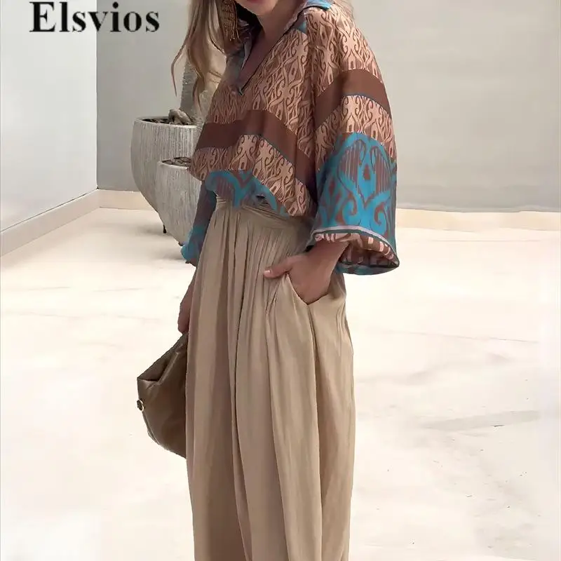 

Commute Long Sleeve Office Suit Elegant Printed Loose Women Outfits Fashion Lapel V-neck Blouse Top & Wide Leg Pants Set Lady