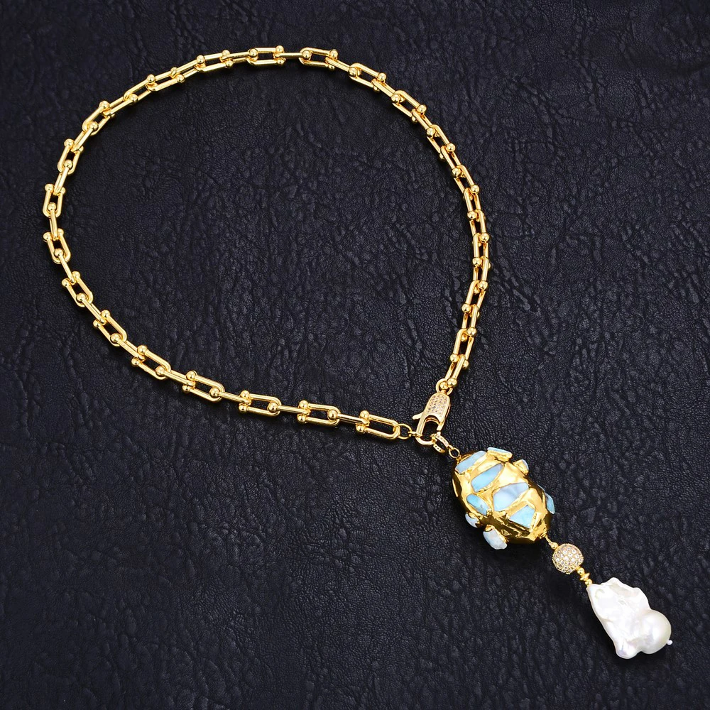 

Gold Color Plated Chain Statement Necklace Blue Larimar Freshwater White Keshi Pearl Pendant Necklace For Women