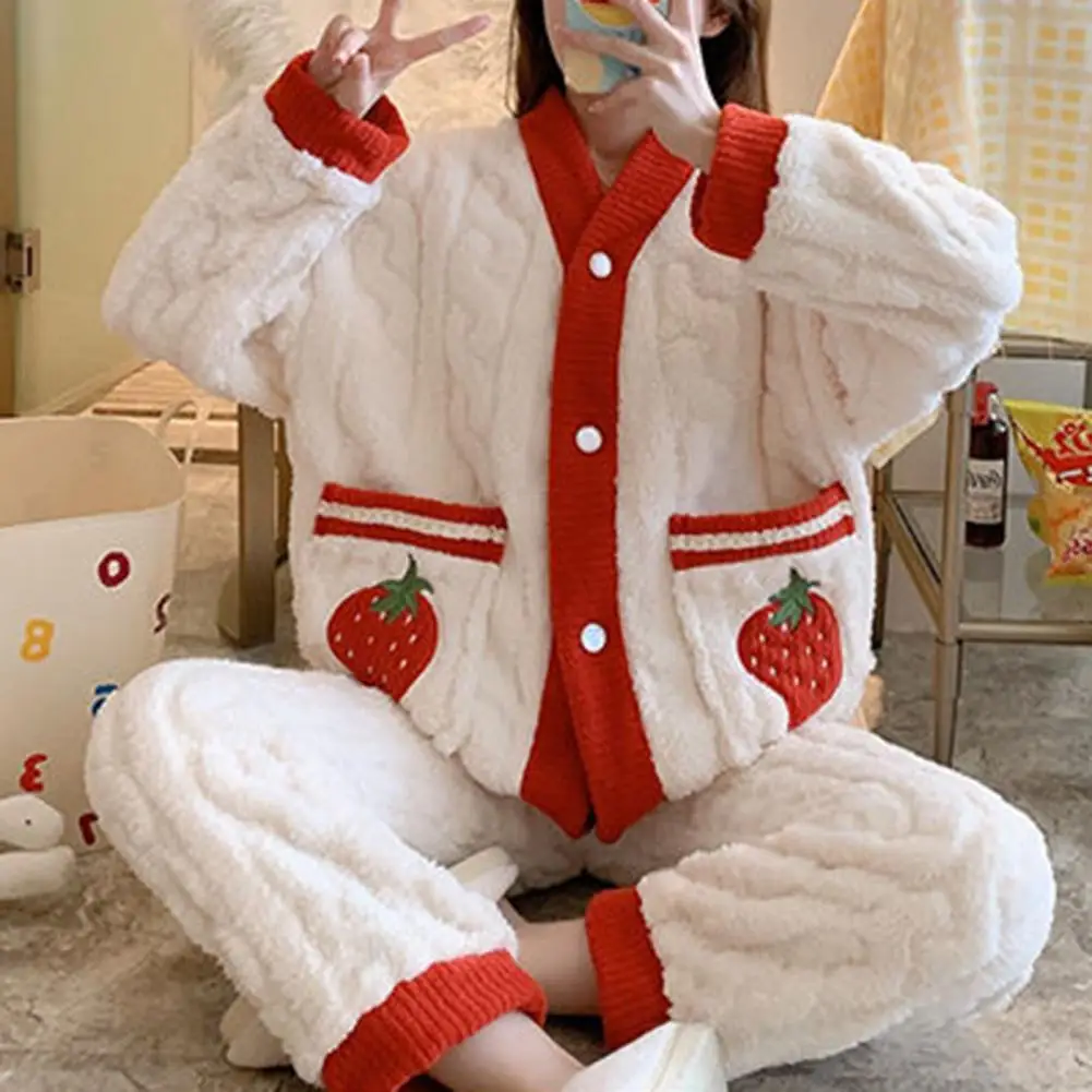 

Women Warm Pajama Set Women Coral Velvet Pajama Set Cartoon Fruit Print Winter Pajama Set for Women Thickened Coral Fleece