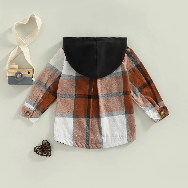 Kid Boys Shirt Coat Autumn Clothing Toddlers Plaid Patchwork Long Sleeve Tops Children Casual Hooded Outwear