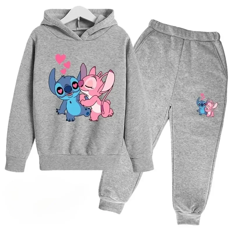 thumbnail image 1 of Conjunto de 2 piezas de sudadera y pantalones con estampado de dibujos animados de Disney Stitch para niños de 3 a 14 años, ropa deportiva informal para niños y niñas, 1 of 5