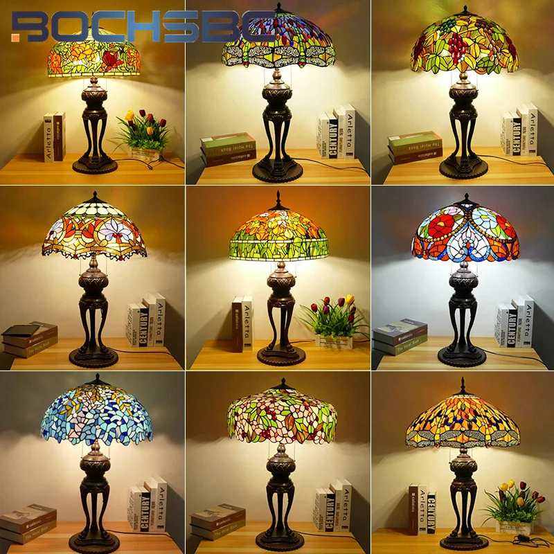 BOCHSBC  스타일 스테인드 글라스 앤티크 레트로 책상 램프, 따뜻한 침실 침대 옆 테이블 램프, 거실 호텔 빌라 LED 장식