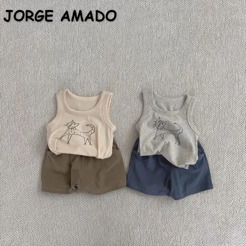

Korean Style New Summer Baby Girl Boy Set Apricot /Grey Cute Cats Print O-neck Sleeveless Vest+Shorts Kid Casual Clothing E350T