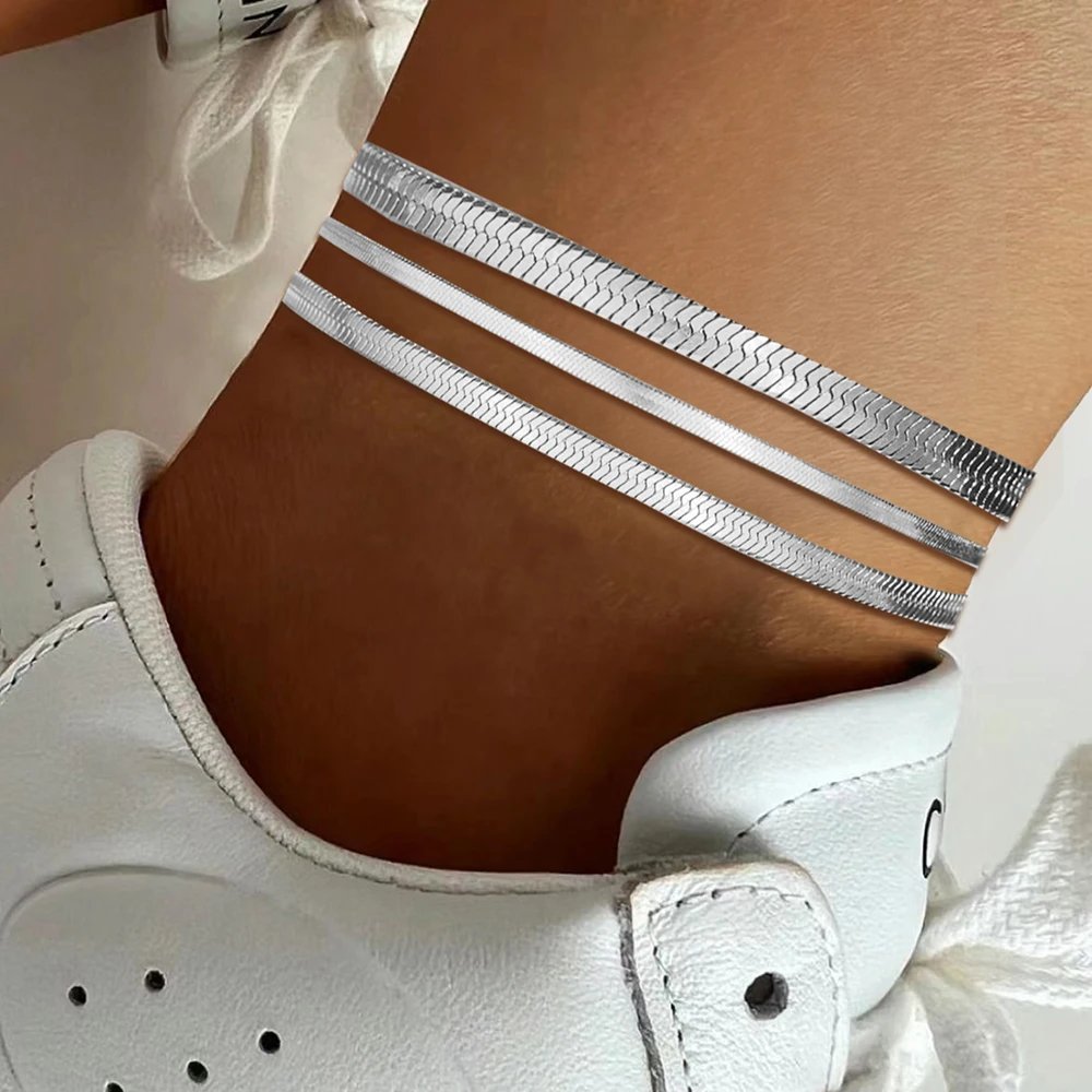 3 Piece Stainless Steel Flat Snake Chain Anklet