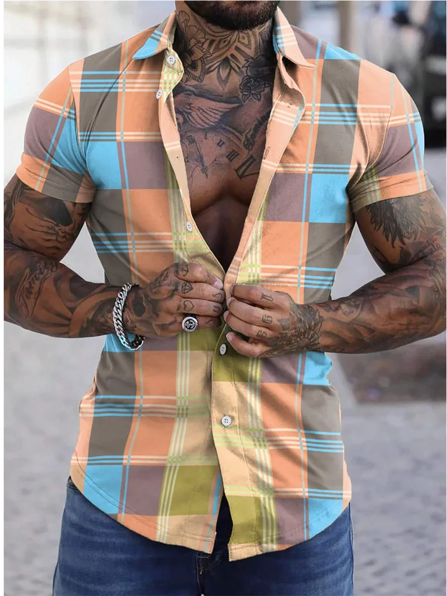 Color block plaid/plaid colorful casual men's shirt for daily wear, weekend outing, summer lapel short-sleeved 5XL fast shipping 5