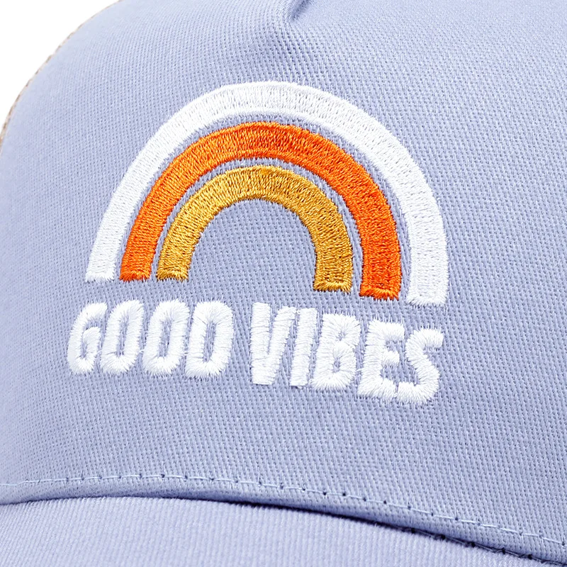 New GOOD VIBES Rainbow Embroidery Baseball Hat Men Women Hip Hop Snapback Trucker Cap Outdoor Mesh Breathable Sunscreen Hats 5