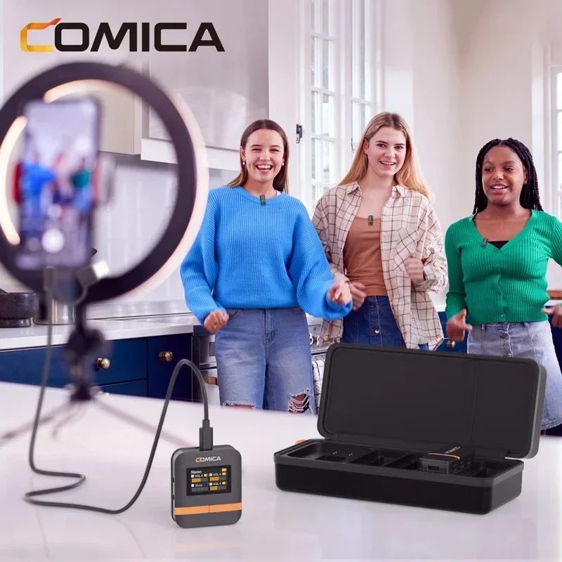Comica Vimo Q 4 채널 미니 무선 라발리에 마이크, USB-C 충전 케이스 포함, 카메라 스마트폰 PC용