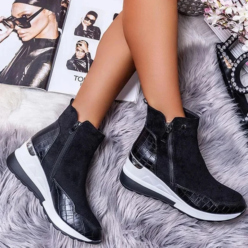 Women Boot 2023 Autumn Winter High Top Vulcanize Shoes Women Platfrom Wedges Shoes Zipper Chunky Sneakers Female Shoes Plus Size