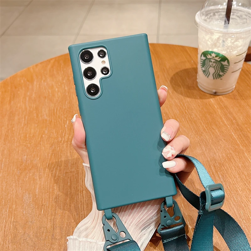Solid Color Soft Silicone Phone Case with Lanyard Strap Cover