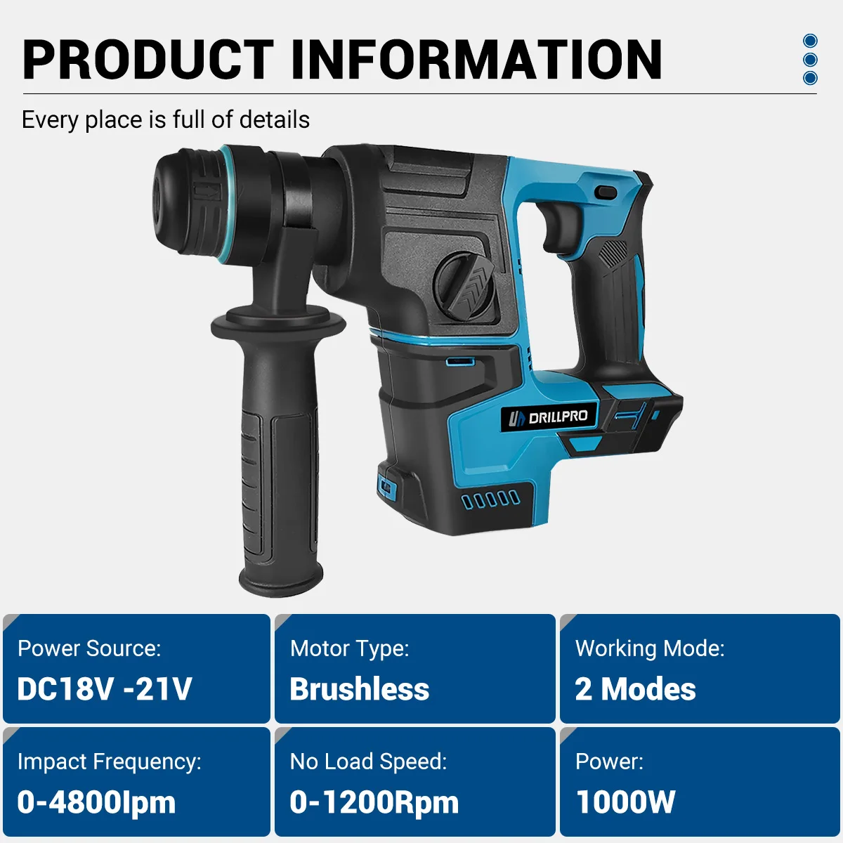 Drillpro 26mm Brushless Cordless Rotary Hammer Impact Drill Handheld Electric Hammer Drill Impact Function for Makita Battery 3