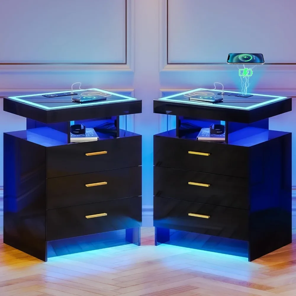 Nightstands Wireless Charging Station Auto Sensor 3 Color Dimmable LED Night Stand Bedside Table 3 Drawers