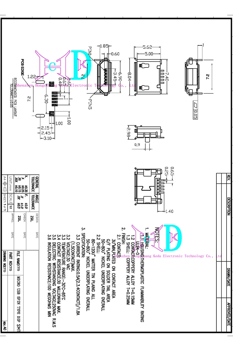 10pcs 마이크로 USB 5핀 암 커넥터 SMD 소켓 잭 충전 포트 교체 전화 태블릿 PCB 보드용