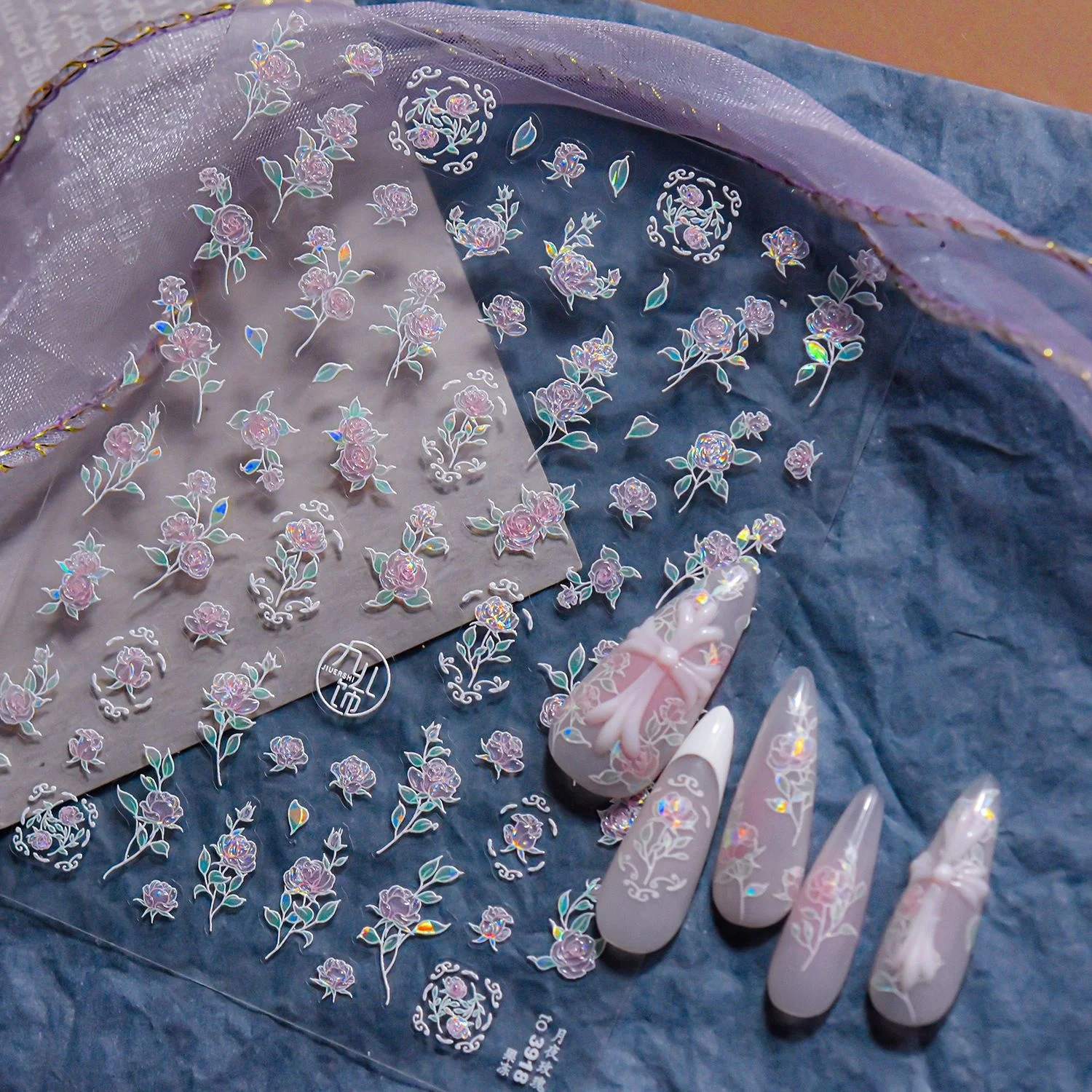 프랑스 로맨틱 로즈 네일 스티커 5D 레이저 핑크 퍼플 그라데이션 플라워 바인 라운드 필리그리 프레임 슬라이더 셀프 접착 데칼