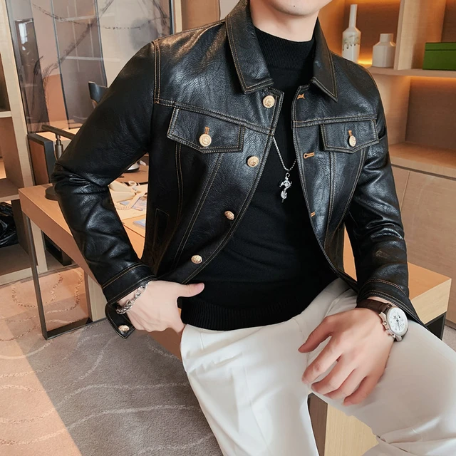 Korean Motorcycle Leather Jackets Men Large Lapel PU Casual Biker