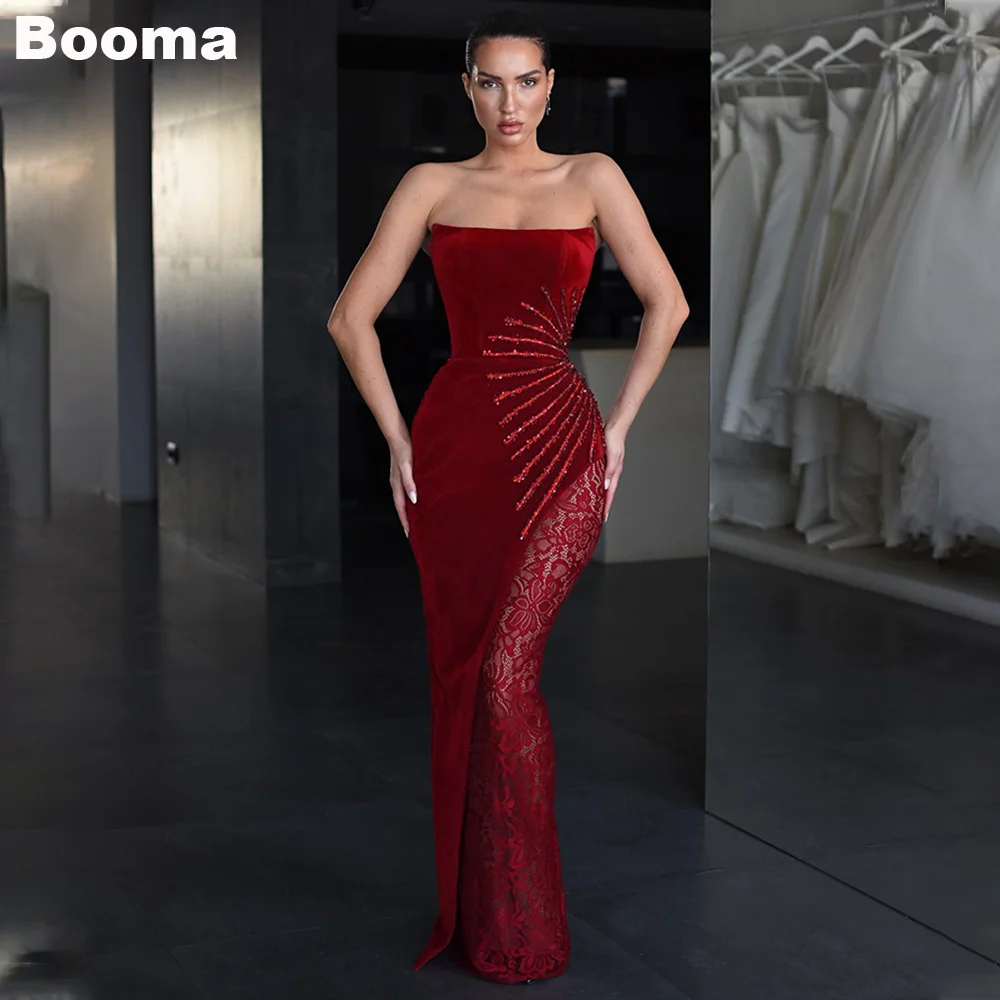 

Booma Red Velour Mermaid Evening Dresses Strapless Beading Lace Formal Party Gowns Dubai Sexy Lace Up Long Prom Dress for Women