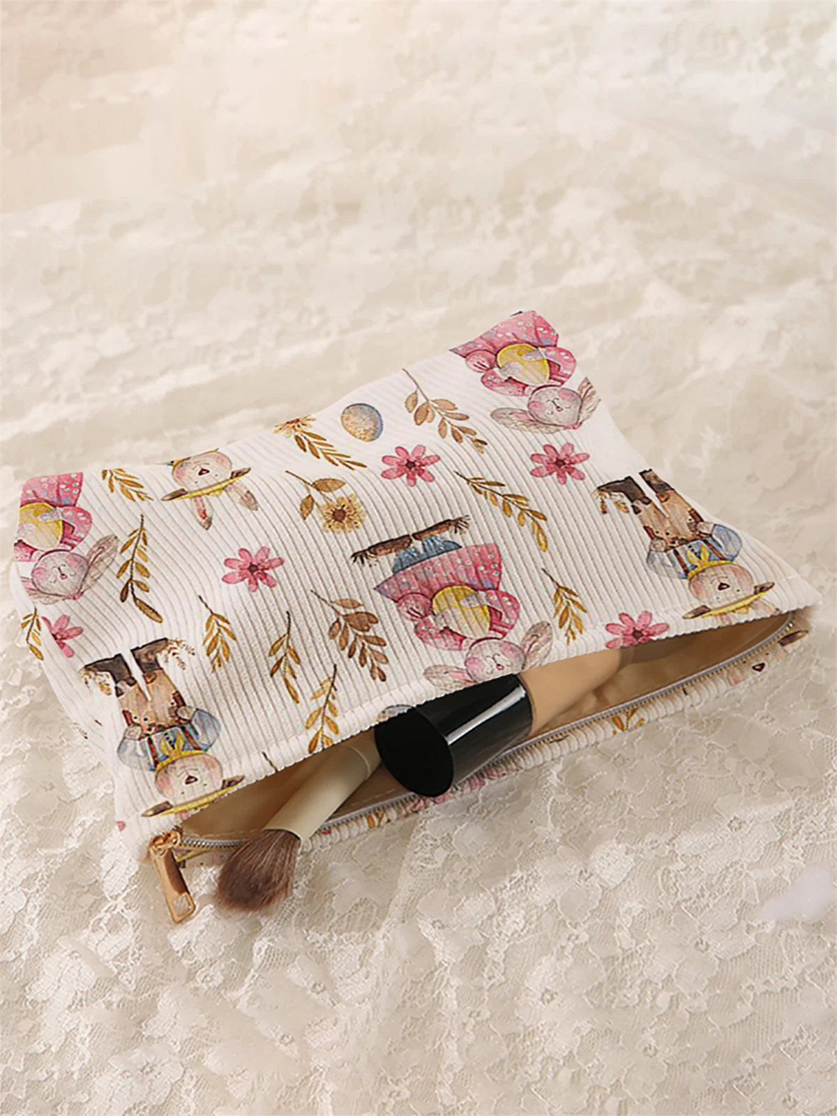 1 rabbit patterned corduroy makeup bag, lightweight zipper makeup storage box, multifunctional bag with lining