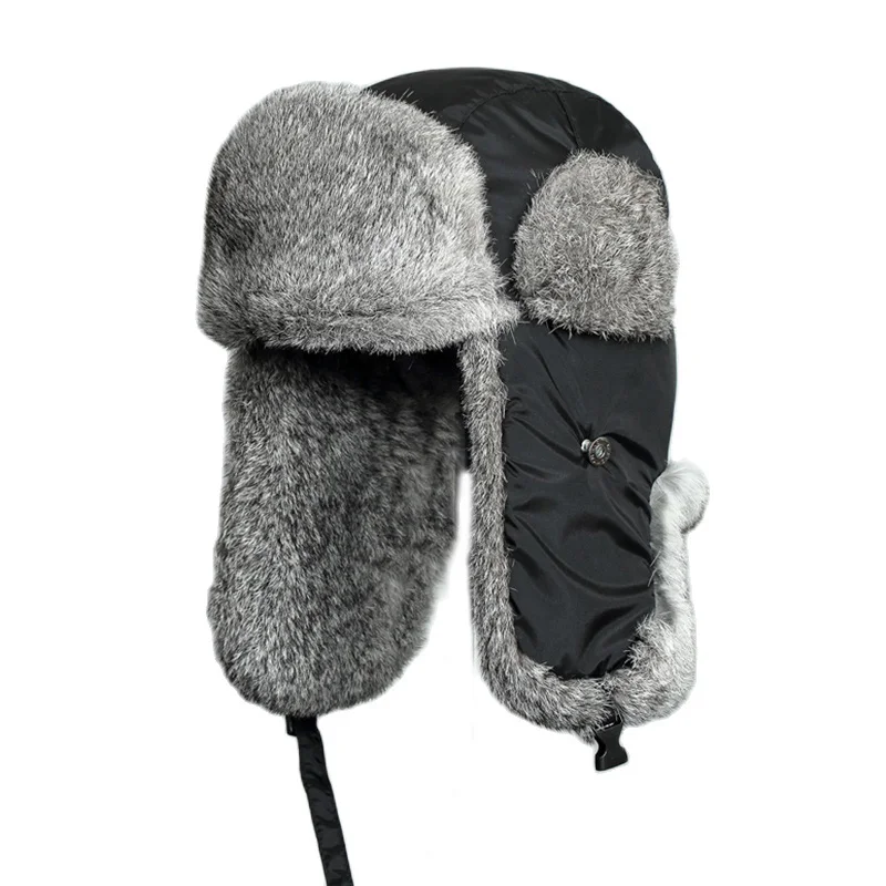Russia Winter Real fur Hat Men Outdoor Windproof Super Warm Real Rabbit Fur Bomber Hats Natural Soft Natural Rabbit Fur Caps