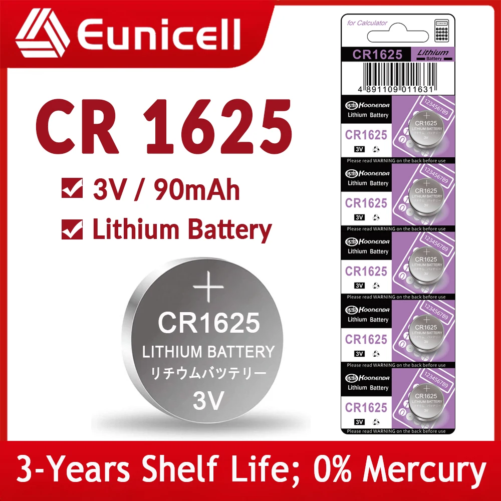 Eunicell 3V 90mAh CR1625 Coin Cells Batteries CR 1625 DL1625 BR1625