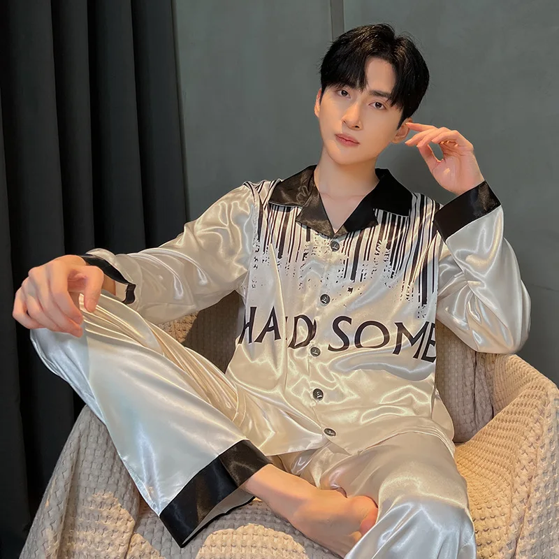 2024 New Spring Autumn Ice Silk Large Size Sleepwear Long Sleeved Thin Style Summer Men's Homewear Two-piece Set Loose Lapel