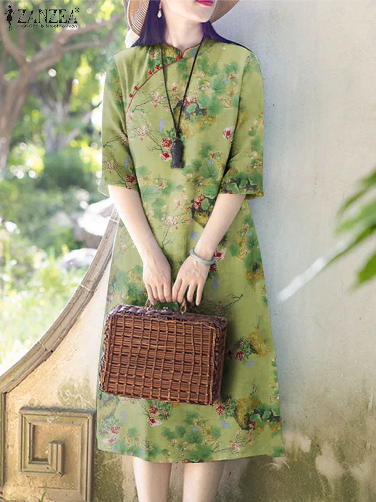 

ZANZEA Fashion OL Work Dress Woman Half Sleeve Stand Collar Dresses Elegant Floral Printed Sundress Bohemian Casual Vestido 2024