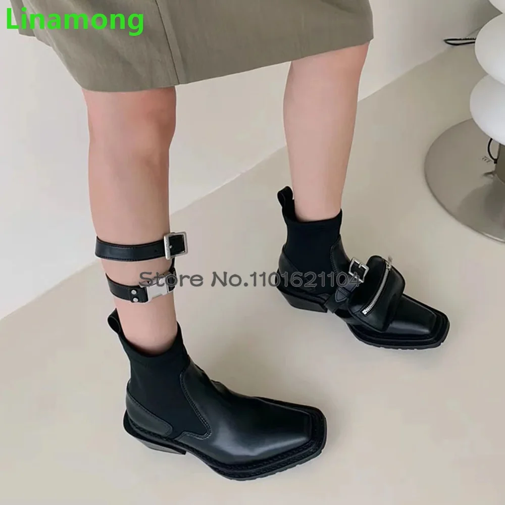 Black Square Toe Pocket Design Boots For Female Women 2024 New Chunky Heel Slip-on Leather Fabric Fashion Runway All-match Shoes