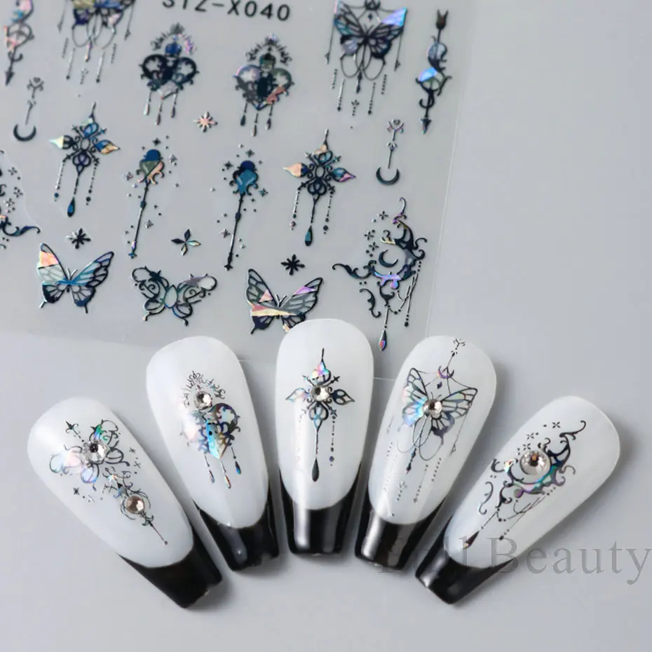 Nail Stickers 3D Holographic Black Butterfly Slider Laser Self-adhesive Decals Dark Castle Tassels Designs