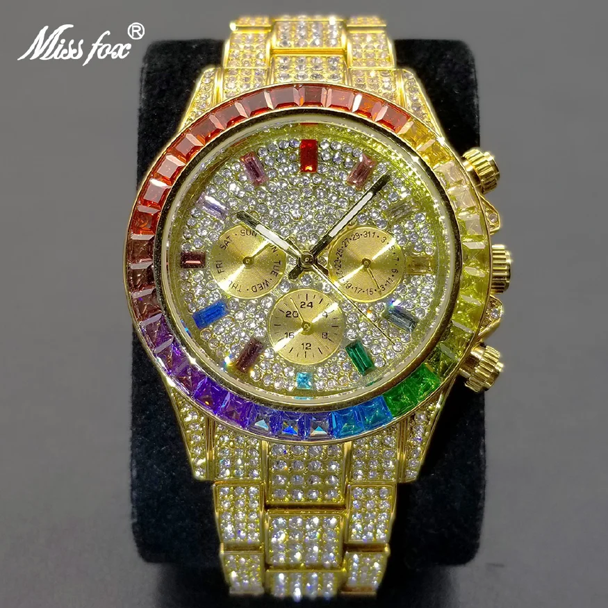 

New Iced Out Watch Men Luxury Unique Rainbow Moissanite Gold Watches Hip Hop Fashion Party Dress Male Clock Dropshipping 2023