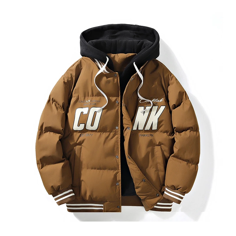 New trendy brand hooded fake two-piece cotton jacket men's thickened Korean version American bread jacket down cotton jacket