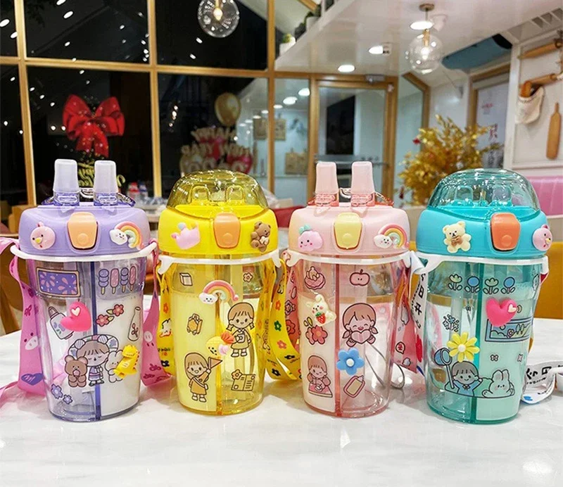 Description Picture 2 of item430ml Cute Children Double Drinking Water Bottle Straw Portable Bottle Student Couple Plastic Cup Gift School Kids