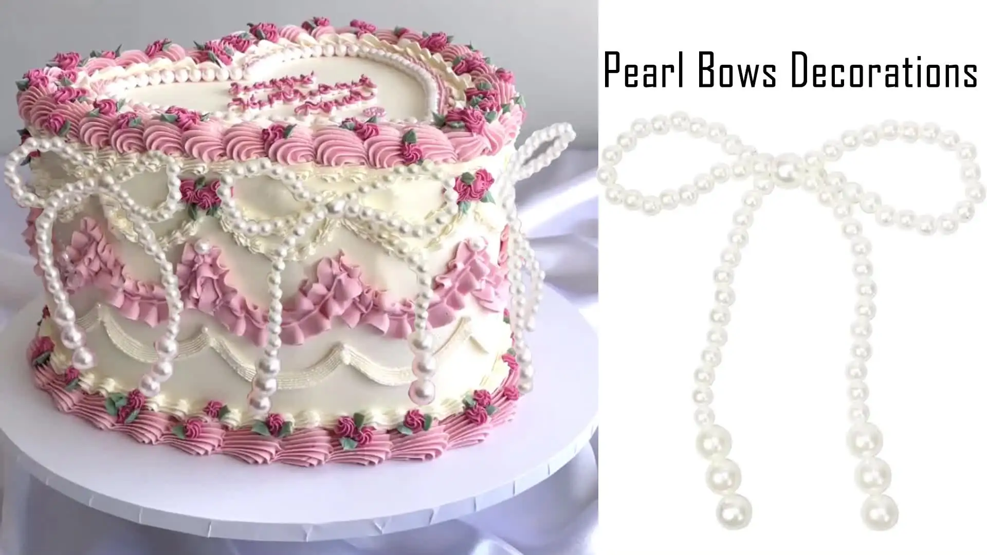 Gâteau Blanc Avec Des Motifs Rose Et Des Perles Blanches Pour Un Bapteme De Fille