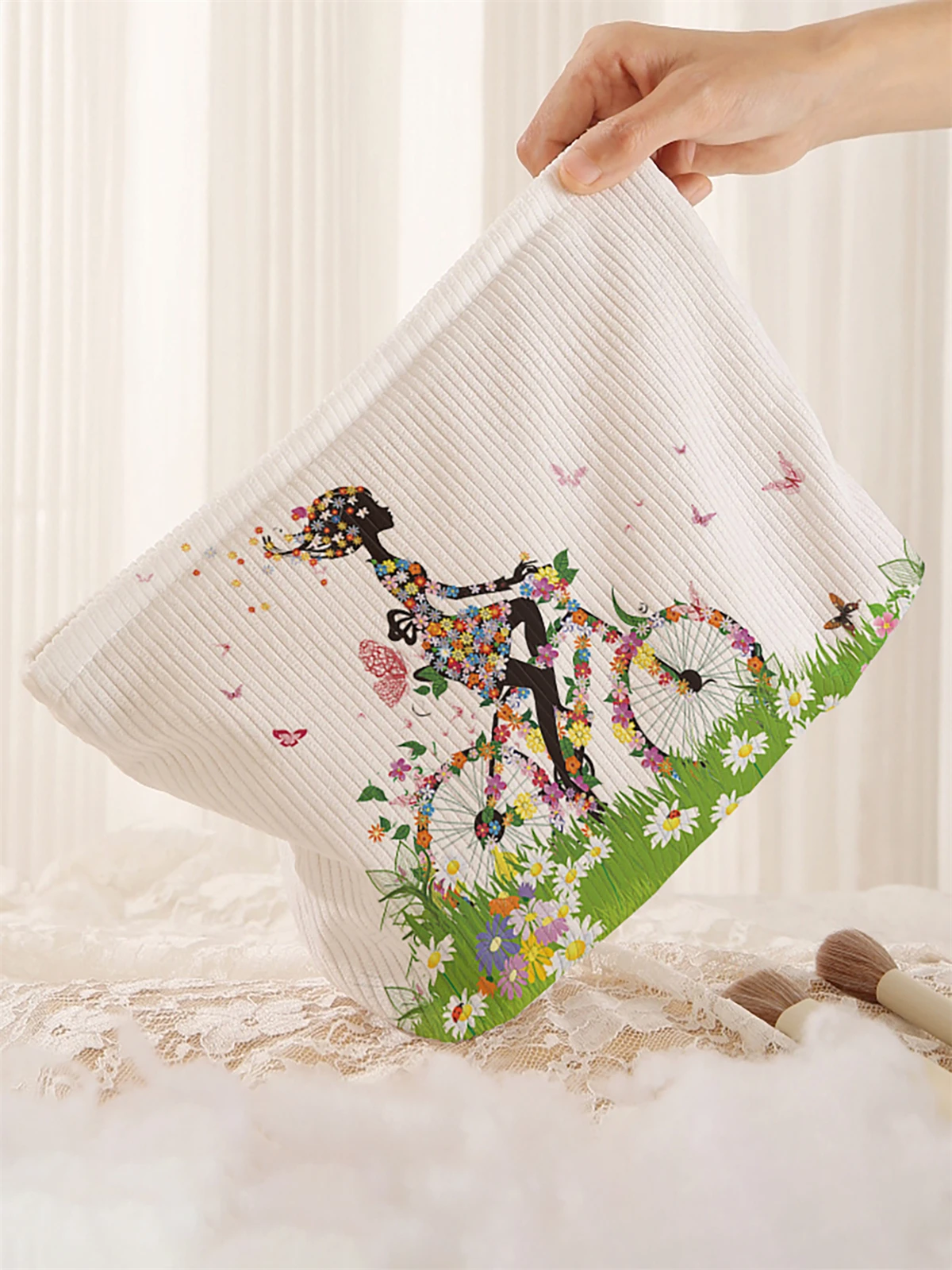 Bicycle pattern printed corduroy makeup bag, lightweight zipper makeup storage box, multifunctional bag with lining