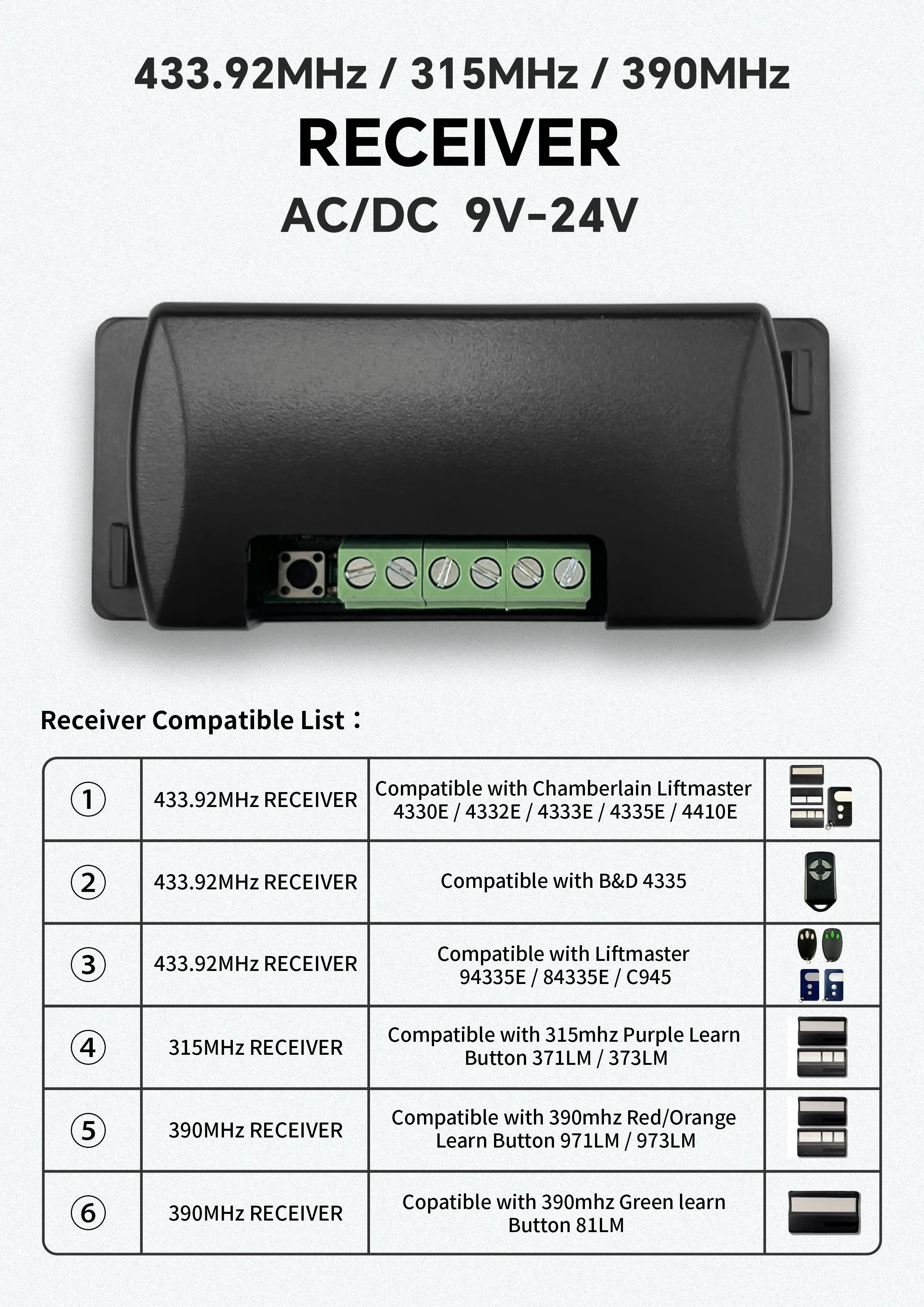 971LM Receiver AC DC 9V-24V Receiver For liftmaster BND 4335E 94335E 373LM garage door remote receiver 315mhz/390mhz/433.92mhz