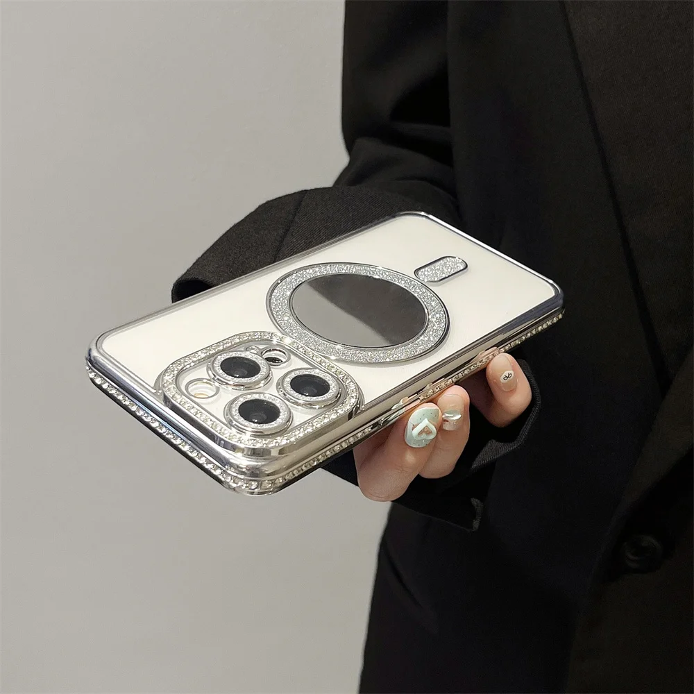 Glitter Magnetic Make Up Mirror Phone Case For iPhone 16 15 11 12 13 14 Pro Max Shiny Diamond Plating Clear Protective Cover_voghion.com