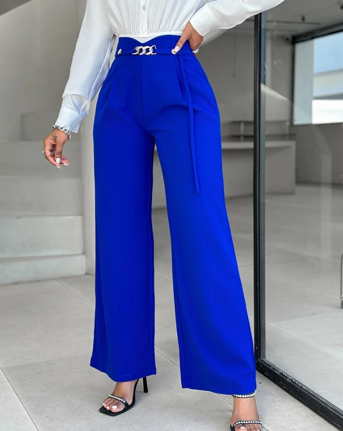 Women's Pants 2024 Spring Fashion Elegant Chain Decor High Waist Casual Plain Daily Long Wide Leg Pants Office Lady