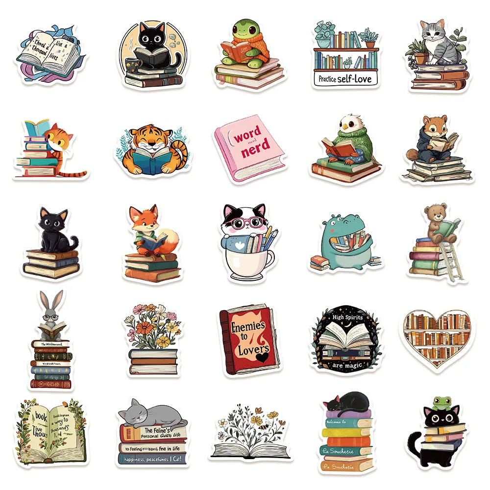 10/50Pcs Cute Funny Animal Reading Books Kindle Stickers Aesthetic Girls Decals Scrapbooking Notebook Laptop Phone Diary Sticker