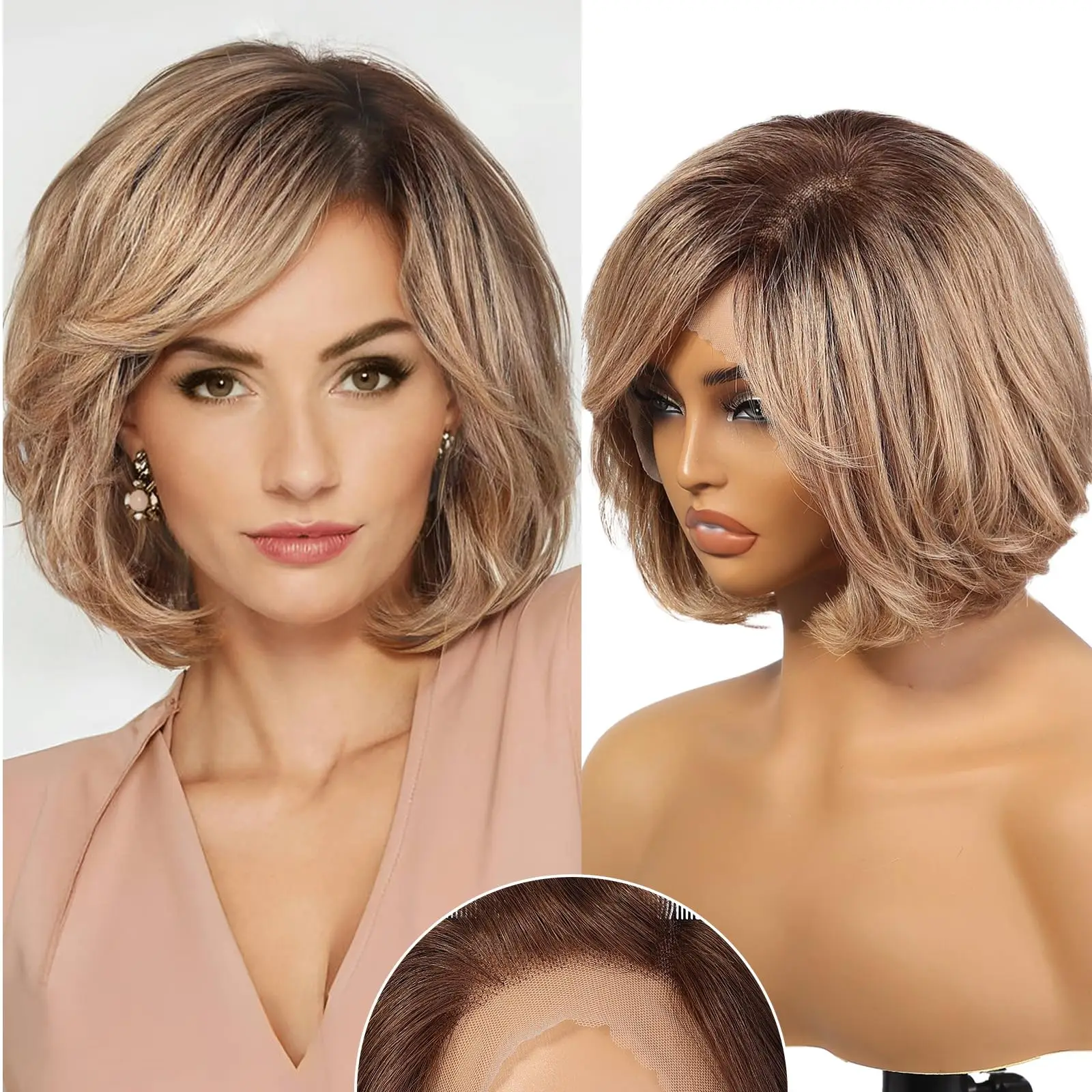 100% Remy cheveux humains Transparent dentelle frontale perruque courte ondulée Bob perruque de cheveux humains brun cendré Ombre Pixie coupe cheveux pour les femmes blanches