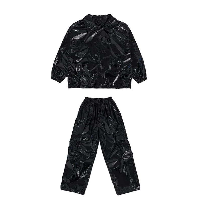 Children's Boys Gilrs Party Fashion Show Shiny Leather Jacket Pant Sets Kids Stage Dance Performance Clothes Coat Trousers Suits
