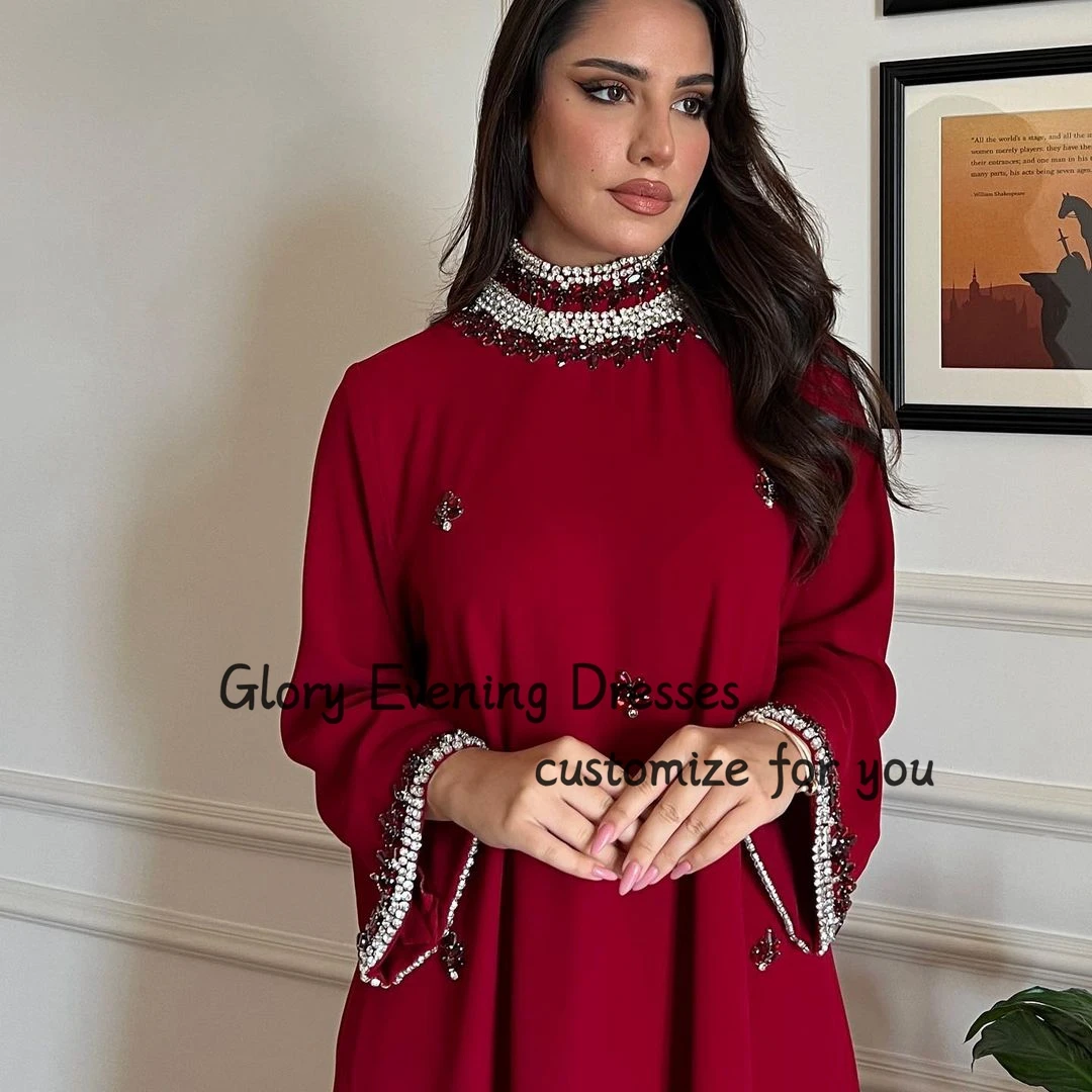 Wine Red Crystal Prom Dresses Loose Long Sleeves Beads Elegant Customizable Evening Dress Formal Occasion Party Gown Robes De