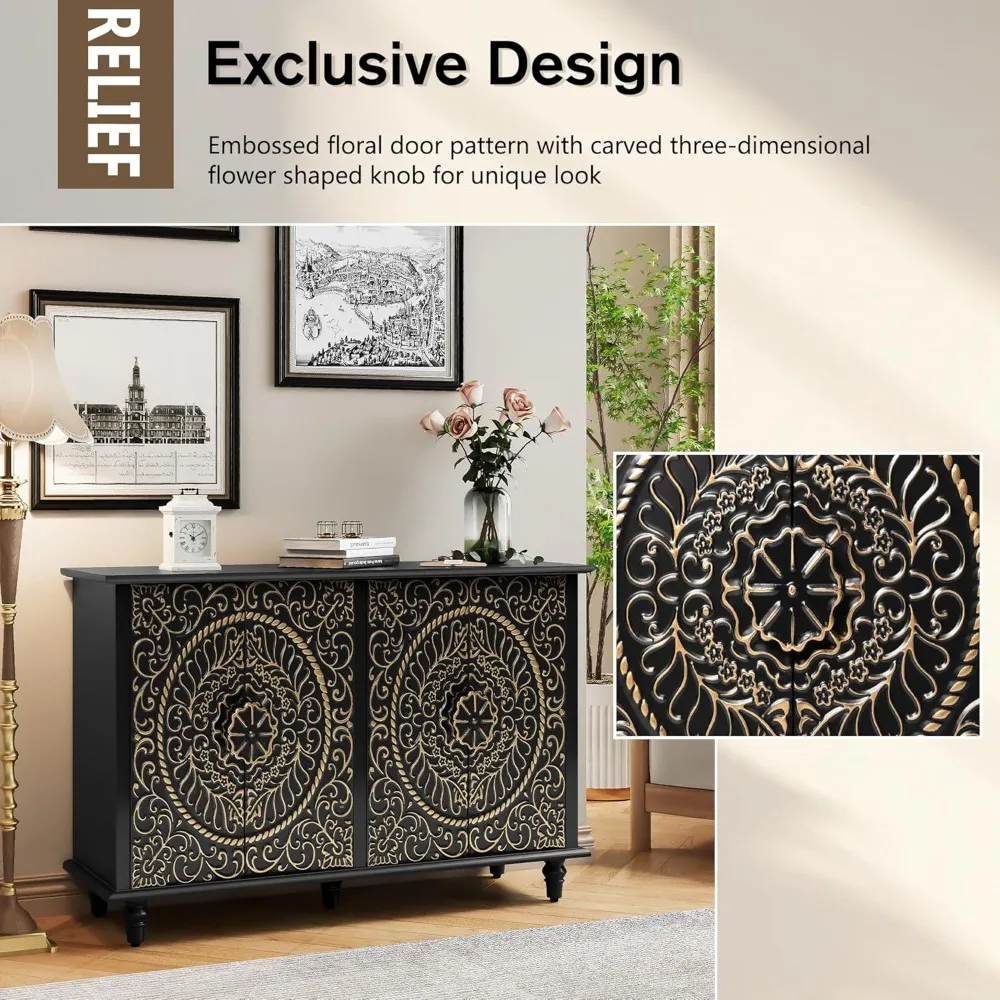 Decorative Sideboard Buffet Cabinet with 4 Doors, Black Accent Storage Cabinet with Carved Flower Pattern, Wood Credenz 3