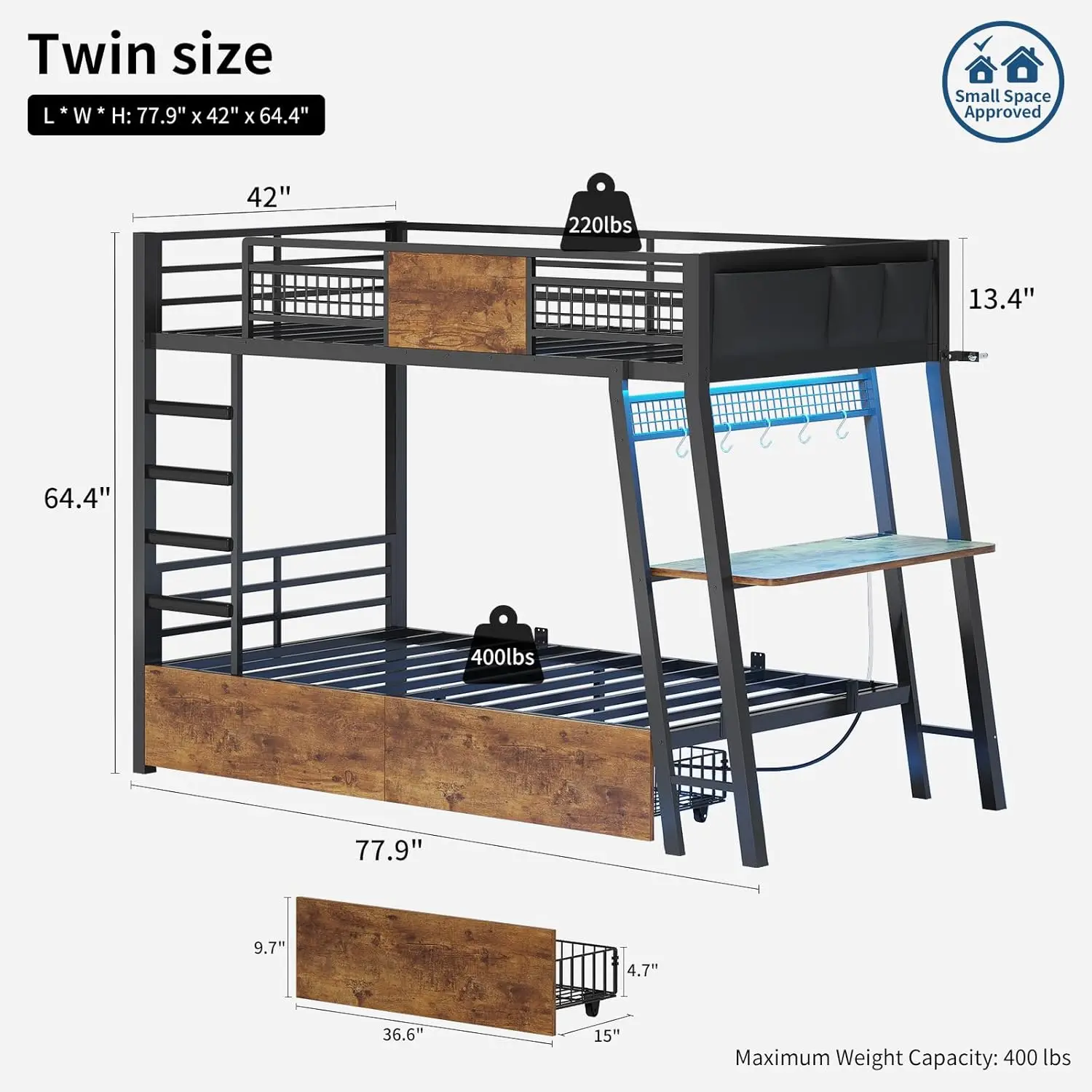 Bunk Bed Twin Over Twin, Bunk Beds with desk, Power Outlets, RGB LED Lights, Storage Drawers,Twin Bunk Bed With Safety Guardrail