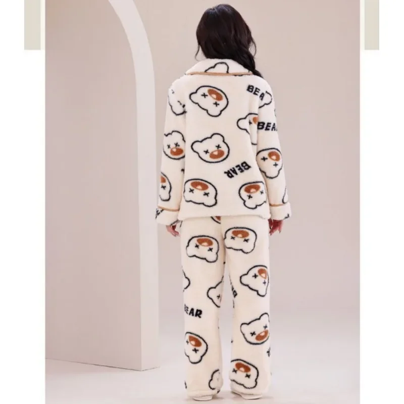 2024 New Winter Women's Pajama Set Long Sleeve Dormitory Warm Loungewear Coral Plush Homewear V-neck Thicken Loose Sleepwear