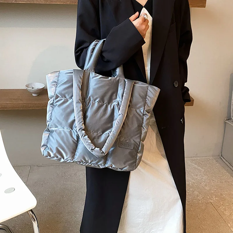 Grünes Design Puff Bag für Frauen 2023 Winter Raum Baumwolle Handtasche Umhängetasche große Kapazität wasserdichte Oxford Shopper Bag Tote – Detail 8